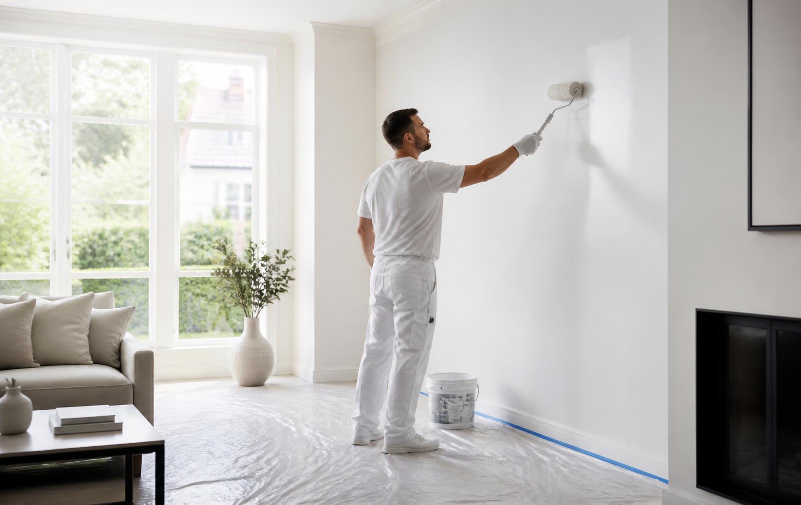 Artisan peintre appliquant une peinture blanche dans un salon lumineux à Aubessagne