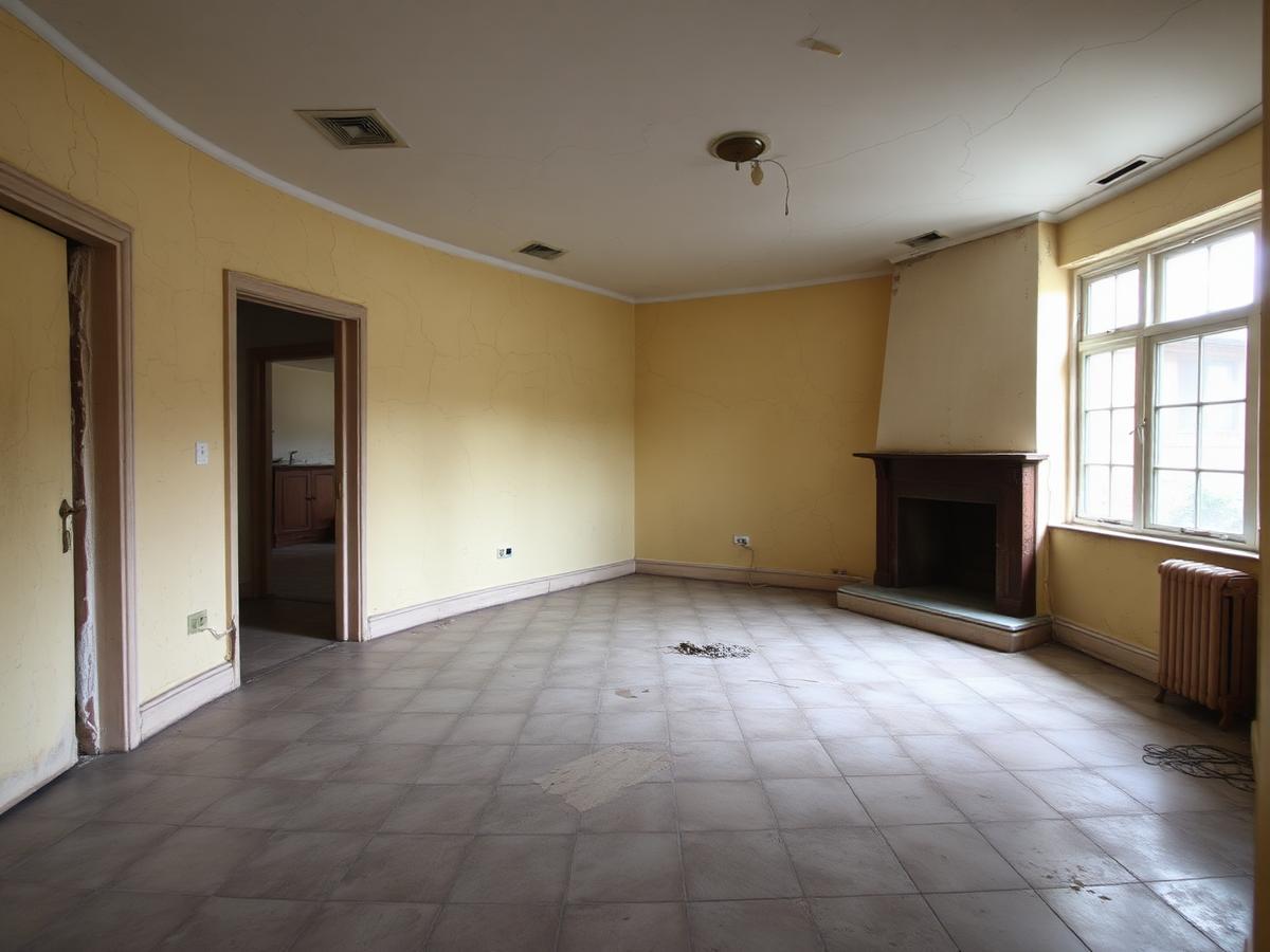 Salon aux murs fissurés et jaunis avant travaux de peinture à Aubessagne